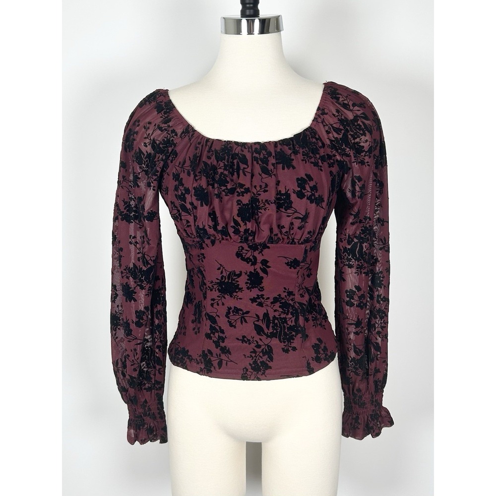 Ember Top Women's Medium Velvet‎ Floral Print Black Wine Dark Romantic Victorian